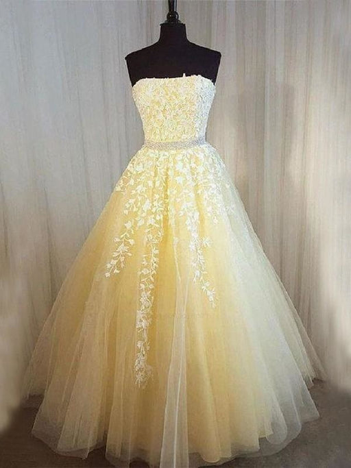 Strapless Sleeveless Floor-Length A-line With Applique Tulle Dresses - Prom Dresses