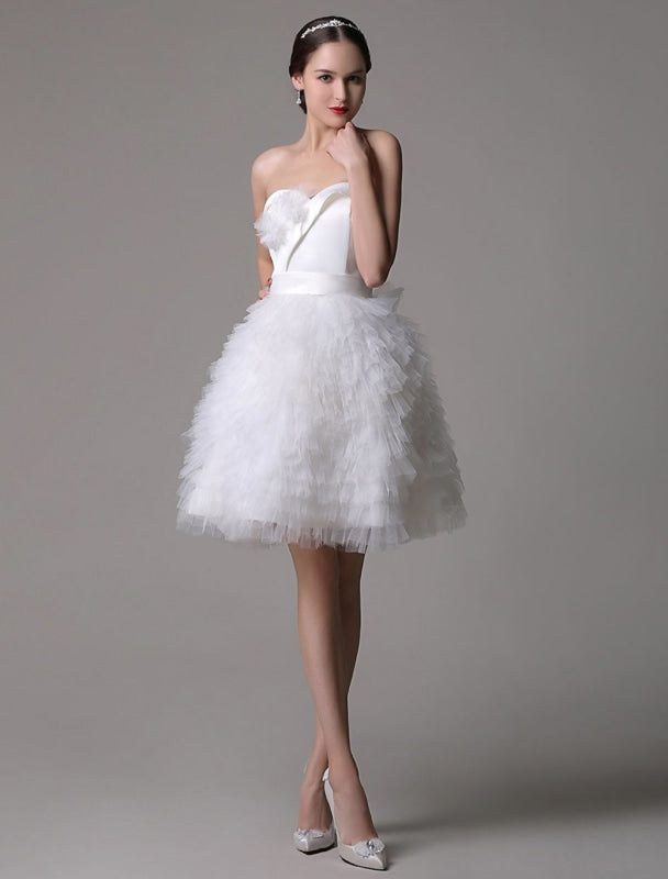 Strapless Sweatheart Satin Short Bridal Gown With Tulle Tired Skirt
