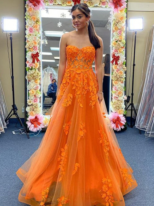 Strapless Sweetheart Neck Orange Tulle Lace Long Prom Dresses, Orange Bridelily Strapless Sweetheart Neck Orange Tulle Lace Long Prom Dresses, Orange Bridelily