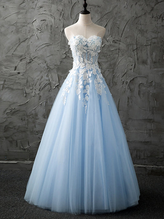 Strapless Sweetheart Neck White Lace Light Blue Prom Dresses, Straples