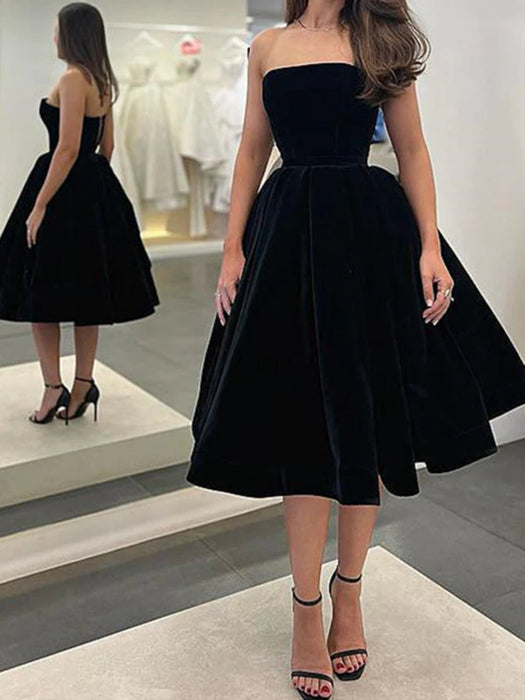 Strapless Tea Length Black Velvet Prom Dresses, Black Velvet Homecomin Bridelily Strapless Tea Length Black Velvet Prom Dresses, Black Velvet Homecomin Bridelily