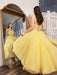 Strapless Yellow Lace Floral Tea Length Prom Dresses, Yellow Lace Formal Dresses, Tea Length Yellow Evening Dresses 