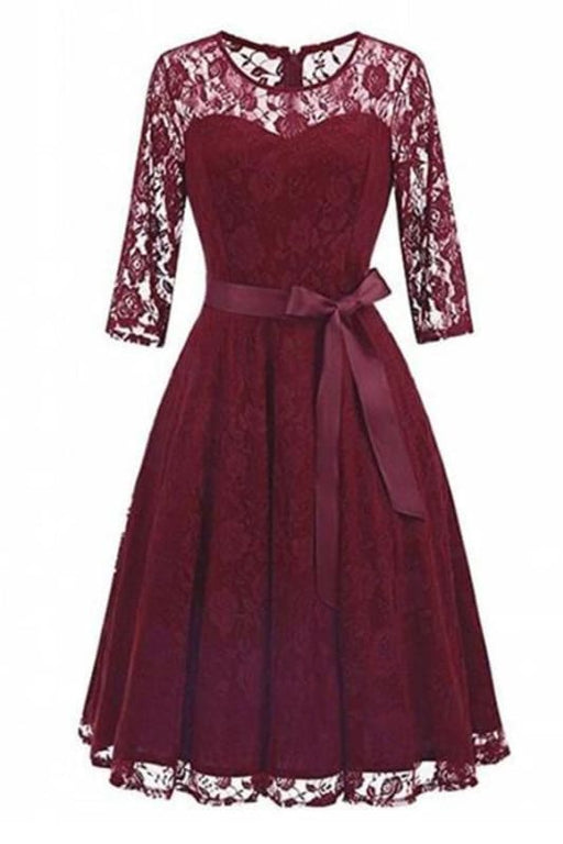 Street Floral Lace Pleated O-Neck Elegant Party Dresses - Burgundy / S - lace dresses