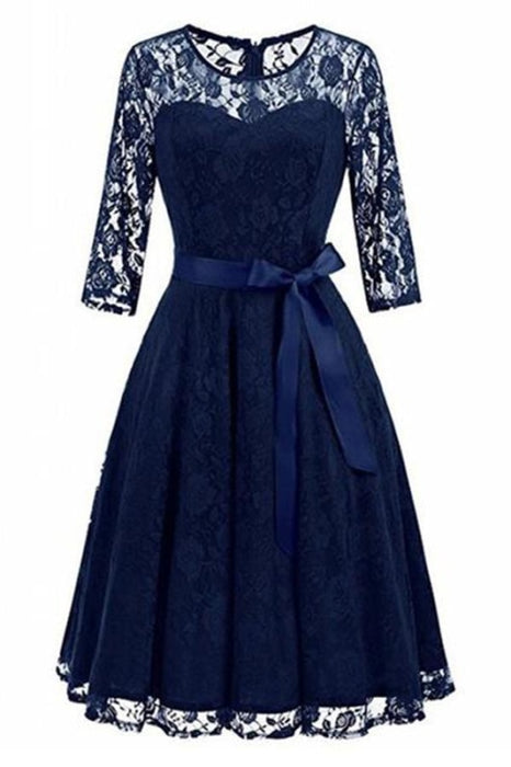 Street Floral Lace Pleated O-Neck Elegant Party Dresses - Navy Blue / S - lace dresses