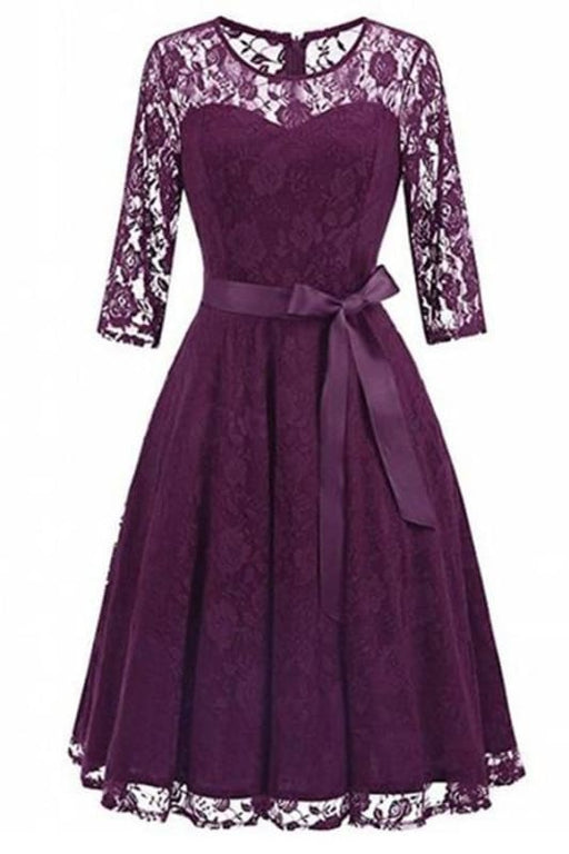 Street Floral Lace Pleated O-Neck Elegant Party Dresses - Purple / S - lace dresses