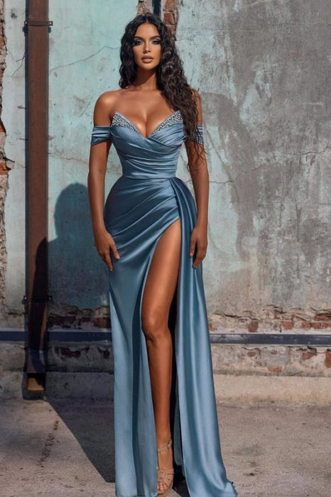 Stunning Blue Off-the-shoulder High Split Evening Dresses — Bridelily