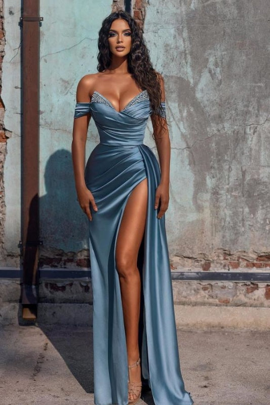 Stunning Blue Off-the-shoulder High Split Evening Dresses - Prom Dresses
