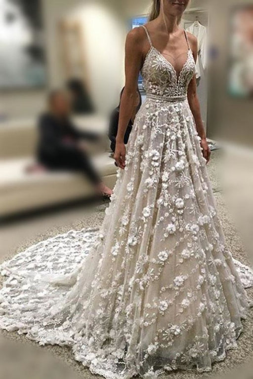 Stunning Deep V Neck Spaghetti Straps Lace Backless Court Train Wedding Dress - Wedding Dresses
