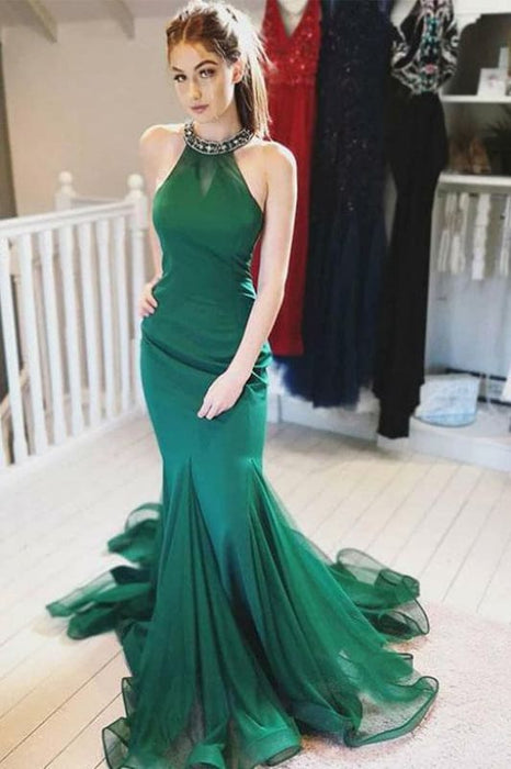Stunning Halter Green Prom Dress with Beading Mermaid Tulle Evening Gown - Prom Dresses