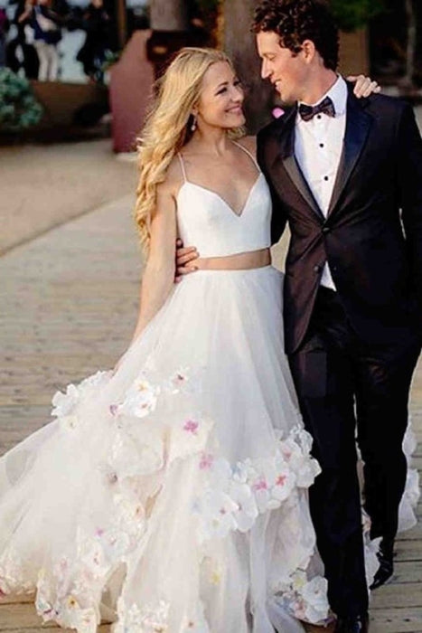 Stylish A-Line Two Piece Spaghetti Tulle Long Prom/Wedding dress with Flowers - Prom Dresses
