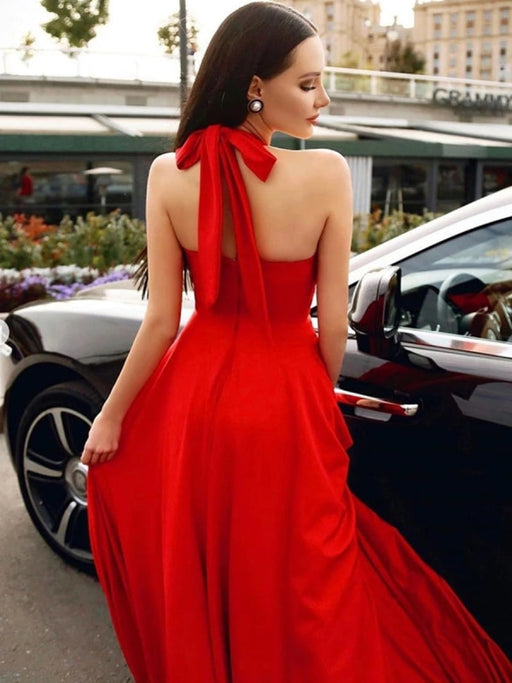 Stylish Halter Neck Red Long Prom Dresses, Elegant Halter Neck Red Formal Dresses, Red Evening Dresses