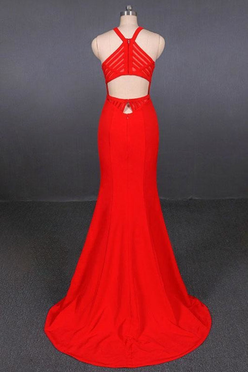 Stylish Halter Prom Dress Red Mermaid Open Back Long Evening Dresses - Prom Dresses