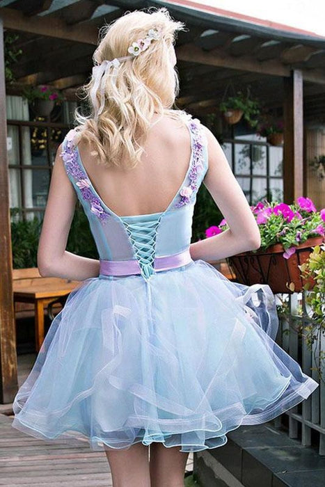 Stylish Light Blue Tulle Short Homecoming with Lilac Appliques Sweet 16 Dress - Prom Dresses