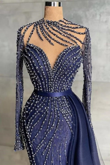 Stylish Navy Mermaid Evening Dress with Detachable Tail Crystals Beads Prom Dress High Neck - Prom Dresses
