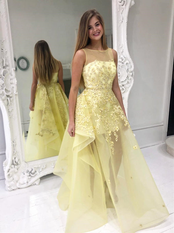 Stylish Round Neck Yellow Lace Floral Prom, Yellow Lace Formal Graduat ...