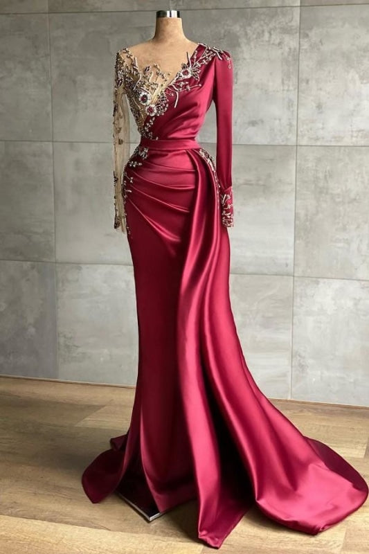 Stylish Satin evening dress with Side Sweep Train | Prom dresses with long sleeves - Same photo color - Prom Dresses