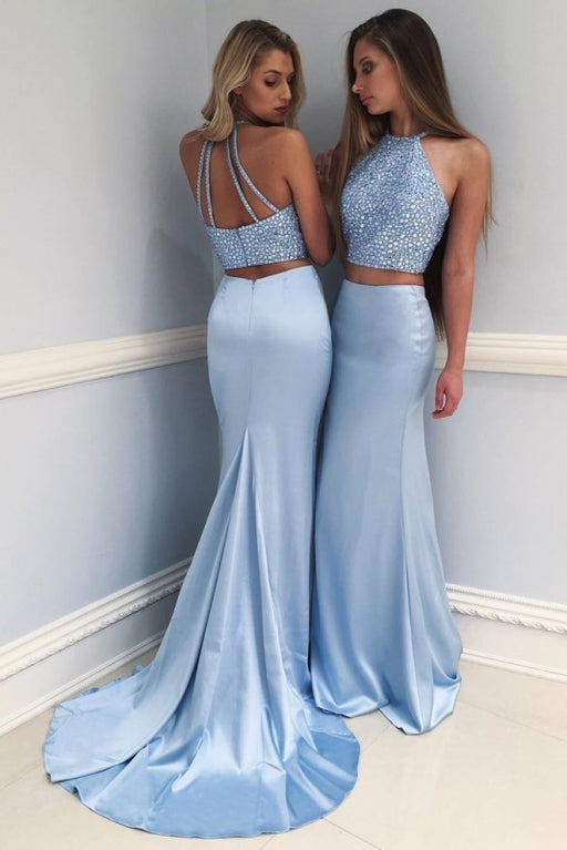 Stylish Sky Blue Two-Piece Beaded Long Prom Mermaid Evening Dress - Prom Dresses