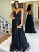 Stylish V Neck Backless Black Long Prom Dresses, Shiny Backless Black Formal Graduation Evening Dresses