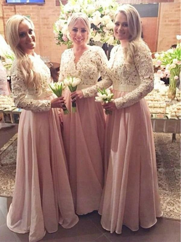 Stylish V-neck Floor-Length Long Sleeves Lace Chiffon Bridesmaid Dresses - Bridesmaid Dresses