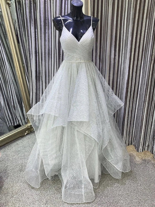 grey fluffy dress Shiny V Neck Fluffy Gray Tulle Long Prom Dresses, V Neck Grey Formal Evening Dresses, Gray Ball Gown SP2542