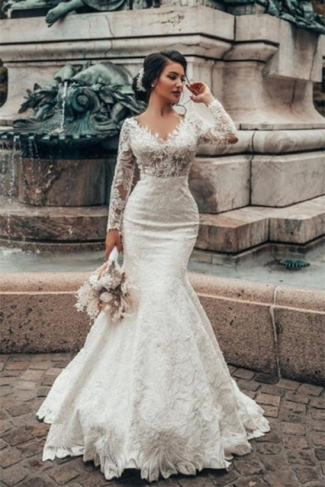 Stylish White Floral Lace Mermaid Bridal Dresses Long Sleeves V-Neck S —  Bridelily