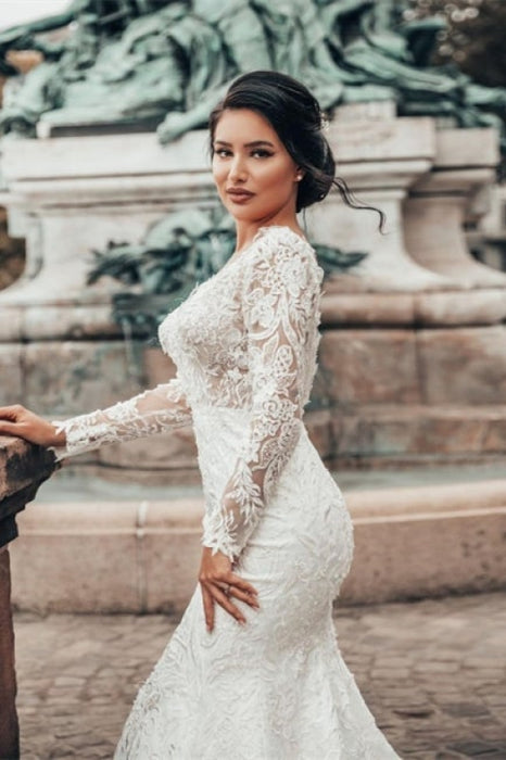 Stylish White Floral Lace Mermaid Bridal Dresses Long Sleeves-Bridelily Stylish White Floral Lace Mermaid Bridal Dresses Long Sleeves-Bridelily
