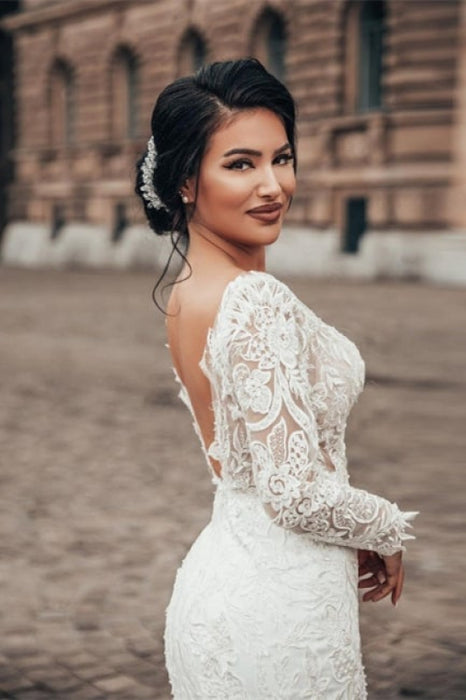 Stylish White Floral Lace Mermaid Bridal Dresses Long Sleeves