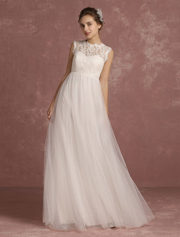 Summer Wedding Dresses 2021 Lace Empire Waist Bridal Gown Illusion Sleeveless Round Neck A Line Floor Length Bridal Dress