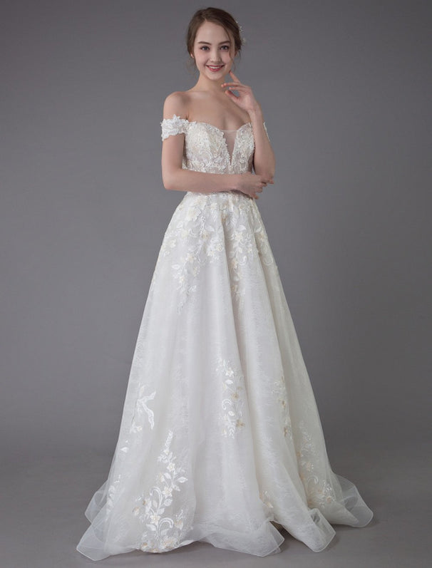 Summer Wedding Dresses Off The Shoulder Lace Champagne Applique Beaded ...