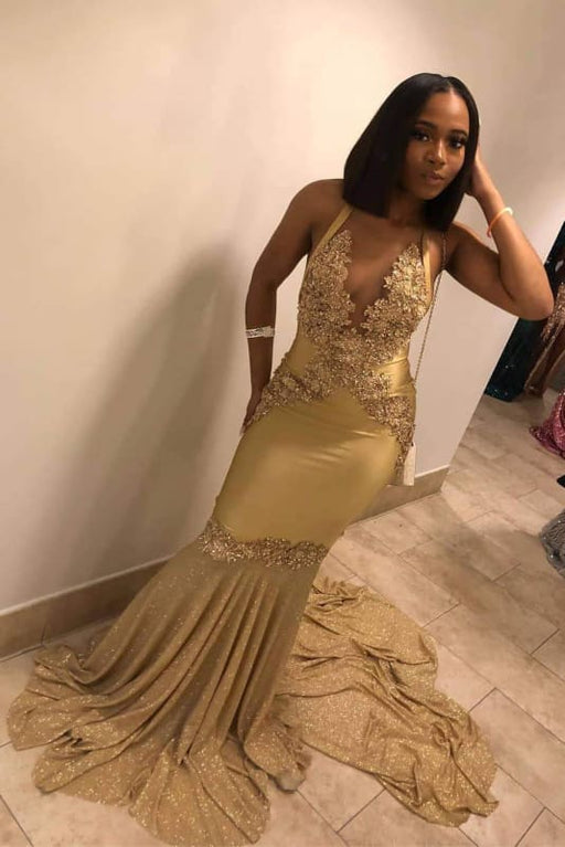 Super Shiny Halter Sleeveless Mermaid Long Prom Gown with Sweep Train - Prom Dresses