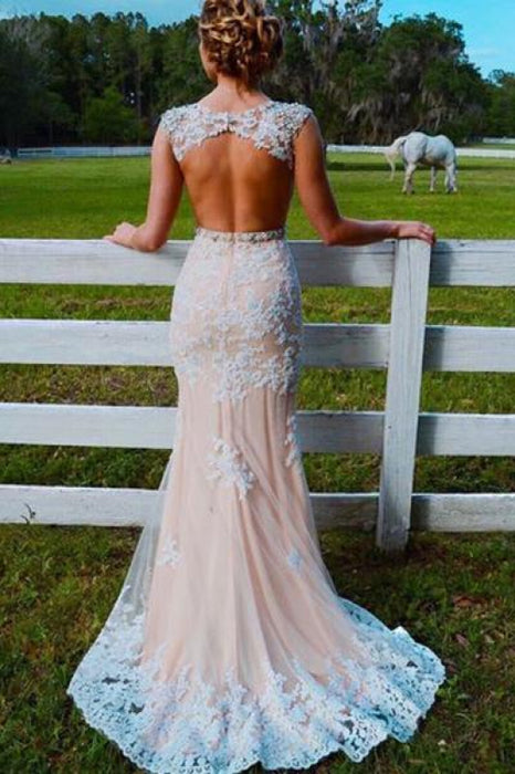 Sweep Train Open Back Tulle Prom with Appliques Mermaid Wedding Dress - Prom Dresses