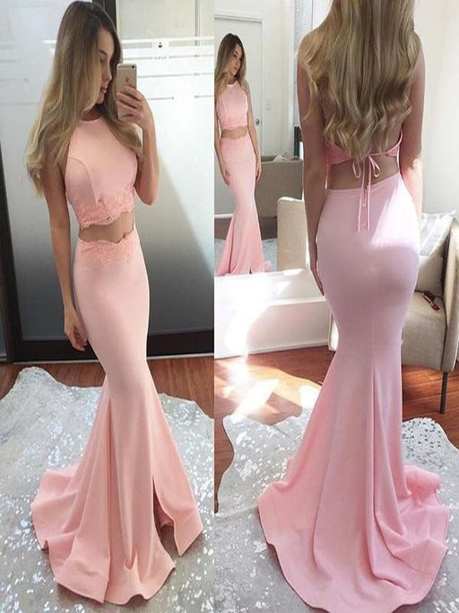 Sweep/Brush Train With Applique Elastic Woven Satin Two Piece Dresses - Prom Dresses