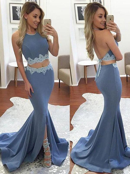 Sweep/Brush Train With Applique Elastic Woven Satin Two Piece Dresses - Prom Dresses