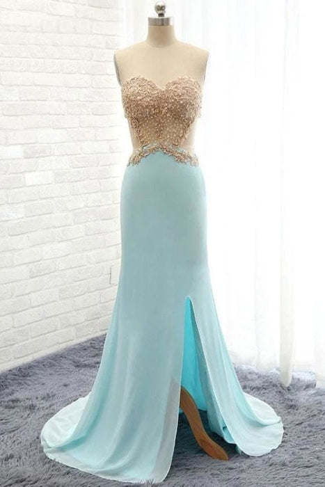 Sweetheabackless Light Blue Lace Prom Dress With Pearls - Prom Dresses