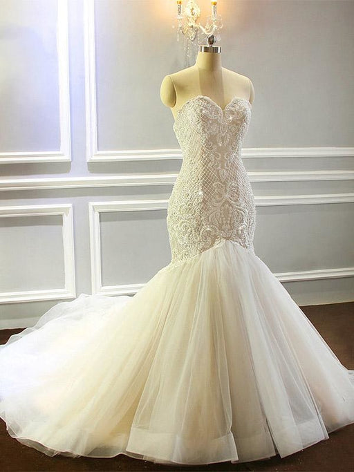 Sweetheart Lace- Up Mermaid Wedding Dresses with Full Beading - champagne / Floor Length - wedding dresses