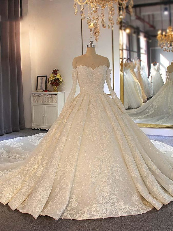 Sweetheart long sleeves Full Lace Beading Wedding Dresses - Ivory / Long train - wedding dresses
