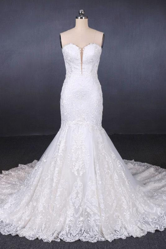 Princess Mermaid Strapless White Lace Long Wedding Dresses Brides Dress