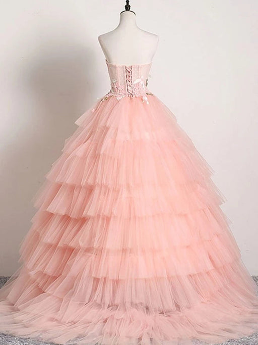 Sweetheart Neck Backless Pink Lace Appliques Prom Dresses, Lace Pink Formal Dresses, Pink Evening Dresses, Ball Gown