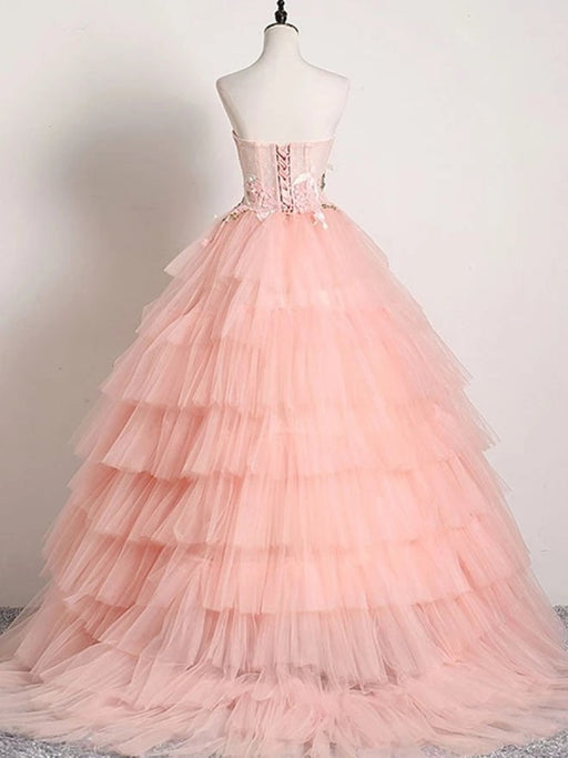 Sweetheart Neck Backless Pink Lace Appliques Prom Dresses, Lace Pink Formal Dresses, Pink Evening Dresses, Ball Gown