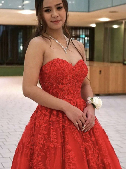 Sweetheart Neck Beaded Red Lace Long Prom Dresses, Strapless Red Forma Bridelily Sweetheart Neck Beaded Red Lace Long Prom Dresses, Strapless Red Forma Bridelily