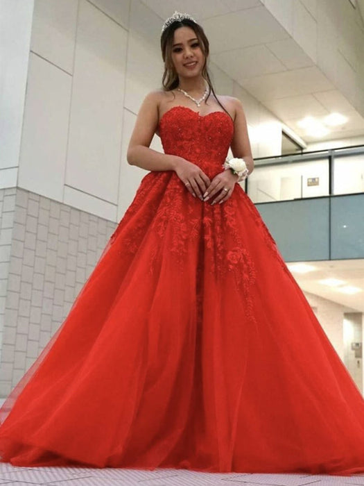 Sweetheart Neck Beaded Red Lace Long Prom Dresses, Strapless Red Forma Bridelily Sweetheart Neck Beaded Red Lace Long Prom Dresses, Strapless Red Forma Bridelily