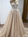 Sweetheart Neck Champagne Lace Floral Long Prom Dresses, Strapless Champagne Lace Formal Evening Dresses 