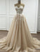 Sweetheart Neck Champagne Lace Floral Long Prom Dresses, Strapless Champagne Lace Formal Evening Dresses 