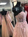 Sweetheart Neck Open Back Pink Lace Long Prom Dresses, Strapless Pink Lace Formal Dresses, Pink Lace Evening Dresses 