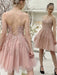 Sweetheart Neck Pink Lace Short Prom Dresses, Open Back Pink Lace Homecoming Dresses, Pink Lace Formal Evening Dresses