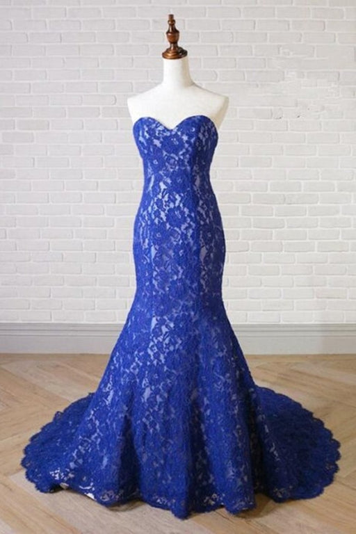 Sweetheart Neck Royal Blue Lace Long Mermaid Prom Dress - Prom Dresses