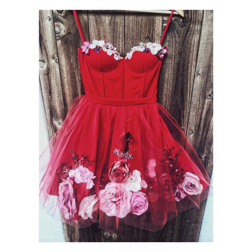 Sweetheart Neck Short Red 3D Floral Prom Dresses, Short Red Floral Formal Homecoming Dresses