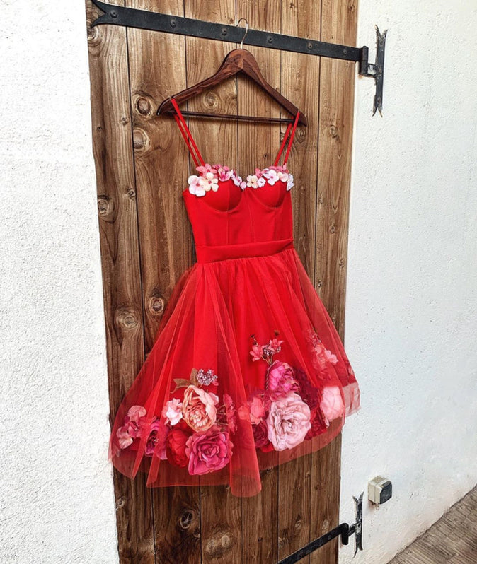 3d Floral Sleeve Short Dress Red