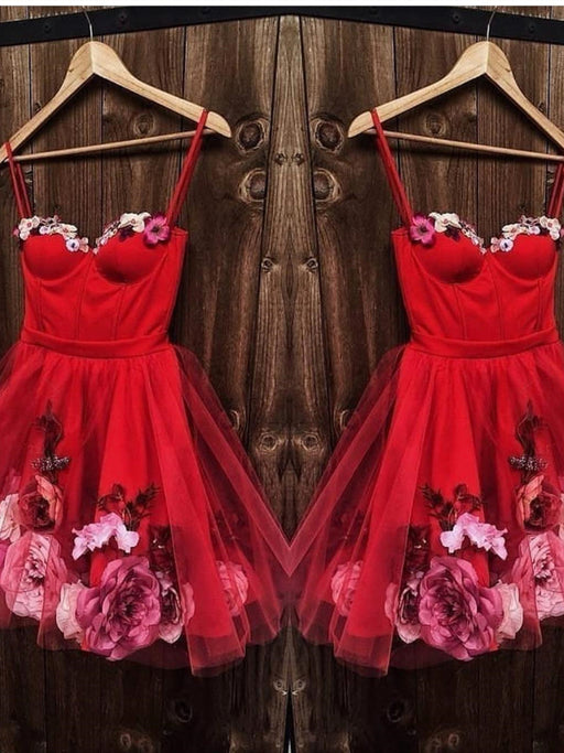 Sweetheart Neck Short Red 3D Floral Prom Dresses, Short Red Floral Formal Homecoming Dresses