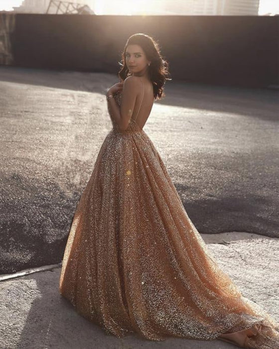 Sweetheart Neck tti Straps Backless y Gold Sequins Prom Dresses, Golden Ball Gown, Formal Dresses, Evening Dresses